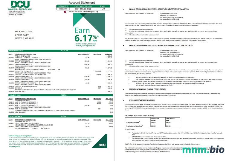 USA Massachusetts Rockland Trust wzór wyciągu bankowego w formacie Word i PDF
